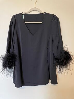 Women's Black V-Neck Top with Feather Cuffs